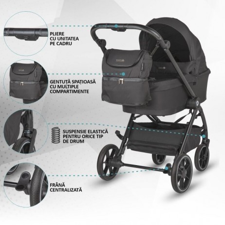 Carucior modular 4in1 Coccolle Serry Jet black cu Scoica auto iSize Coccolle Knox Black si Baza isofix iSize Coccolle Knox