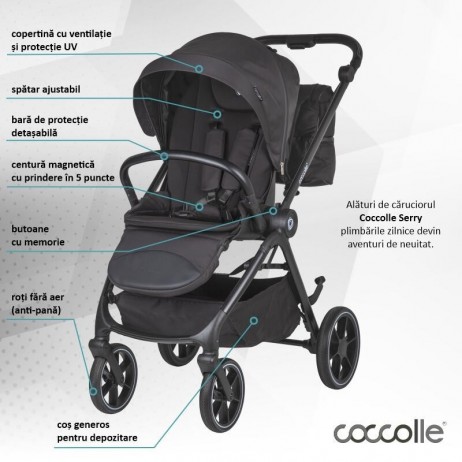 Carucior modular 4in1 Coccolle Serry Jet black cu Scoica auto iSize Coccolle Knox Black si Baza isofix iSize Coccolle Knox