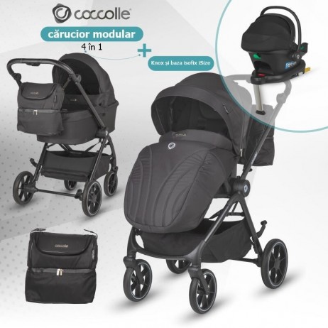 Carucior modular 4in1 Coccolle Serry Jet black cu Scoica auto iSize Coccolle Knox Black si Baza isofix iSize Coccolle Knox